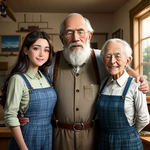 a man and two women standing next to each other in a kitchen with a large white beard and a long white beard