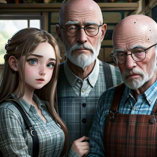 a man and a woman standing next to each other in a kitchen with a bald head and glasses on
