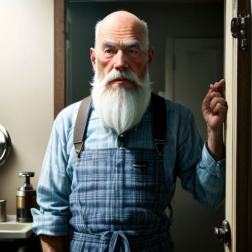a man with a beard and a blue shirt is standing in a bathroom with a mirror and a sink