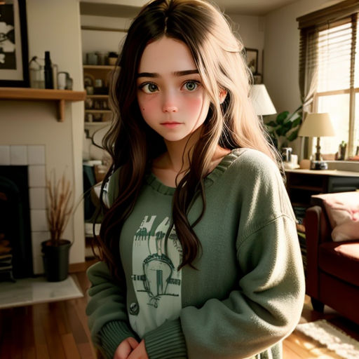 a girl standing in a living room with her arms crossed and looking at the camera with a serious look on her face