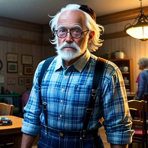 a man with a beard and glasses standing in a room with a table and chairs and a lamp hanging from the ceiling