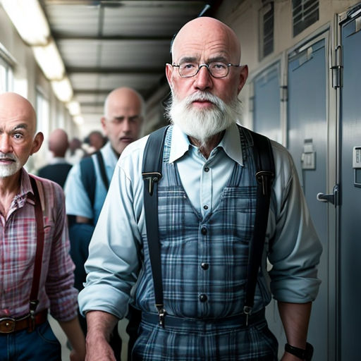 a man with a beard and glasses walking down a hallway next to another man with suspenders and a beard
