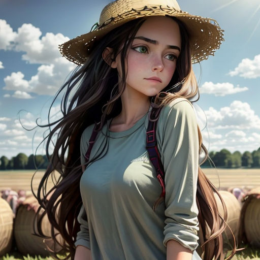 a woman with long hair wearing a hat and a green shirt standing in a field of hay bales