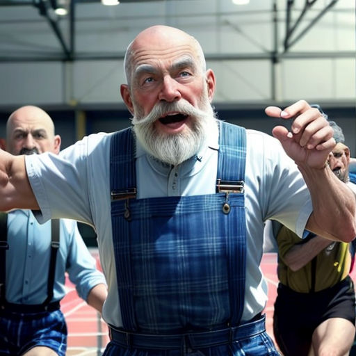 a man with a beard and a mustache is standing in front of a group of men in overalls
