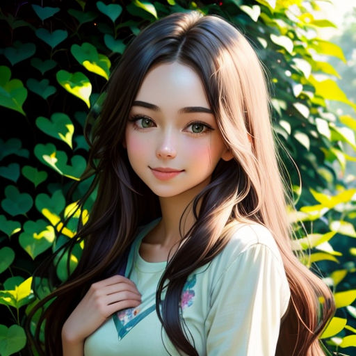 a girl with long hair standing in front of a bush with leaves on it and looking at the camera