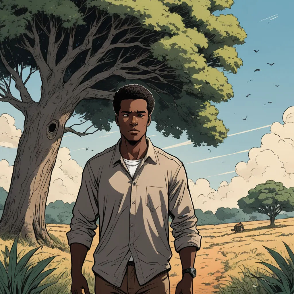 a man standing in front of a tree in a field with a sky background and clouds in the background, environmental art, a comic book panel, Cedric Seaut (Keos Masons), comic cover art