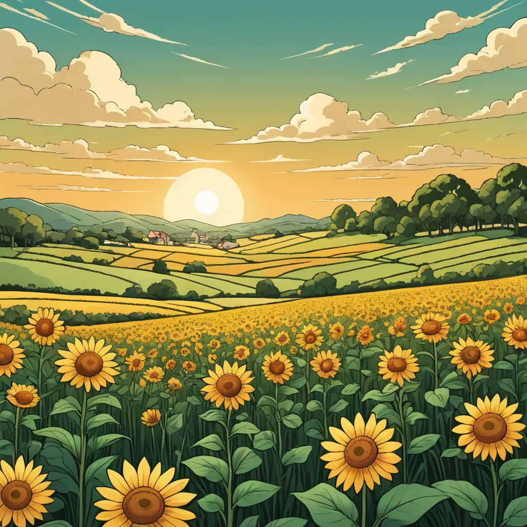 a painting of a sunflower field with a sunset in the background and clouds in the sky above it, color field, a comic book panel, Dan Mumford, sun