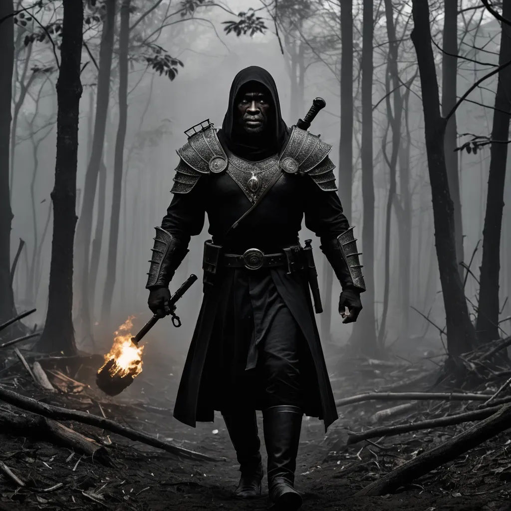 a man in a black outfit with a sword and a light in his hand in a forest with trees, fantasy art, a character portrait, Cedric Seaut (Keos Masons), epic fantasy character art
