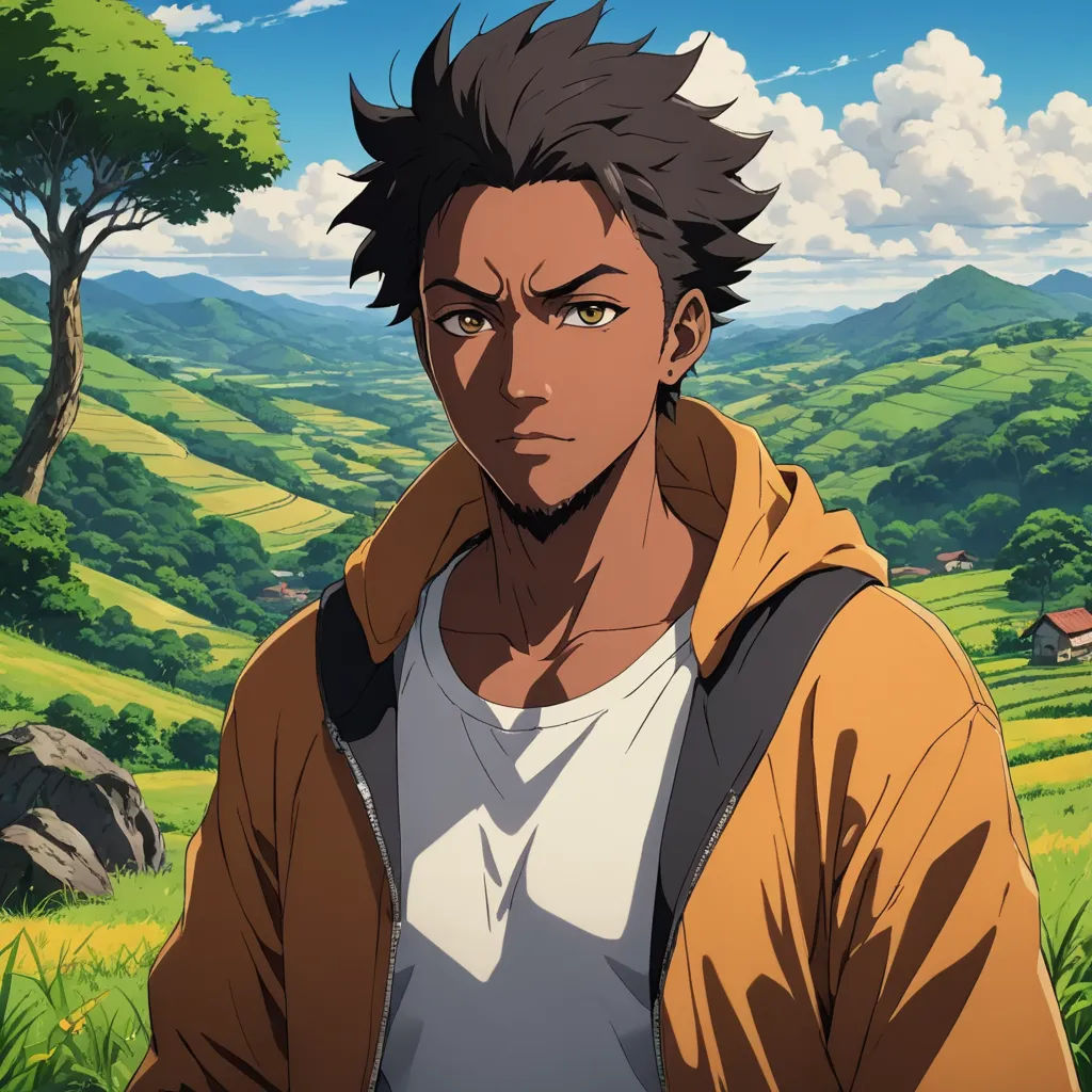 a man with a brown jacket and a white shirt standing in front of a green field with trees and mountains, afrofuturism, a character portrait, Cedric Seaut (Keos Masons), ufotable