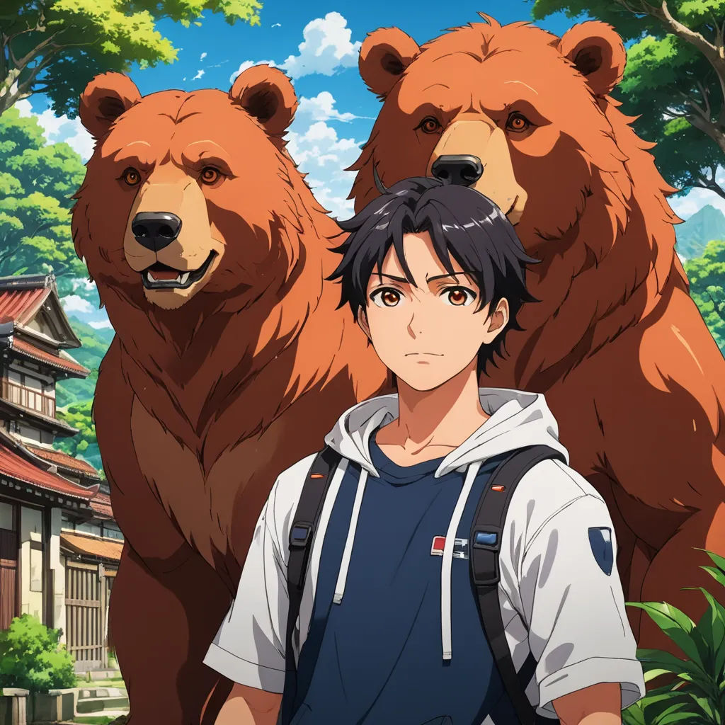 a man standing next to two bears in front of a building with trees and bushes in the background,, sots art, a character portrait, Cedric Seaut (Keos Masons), ufotable