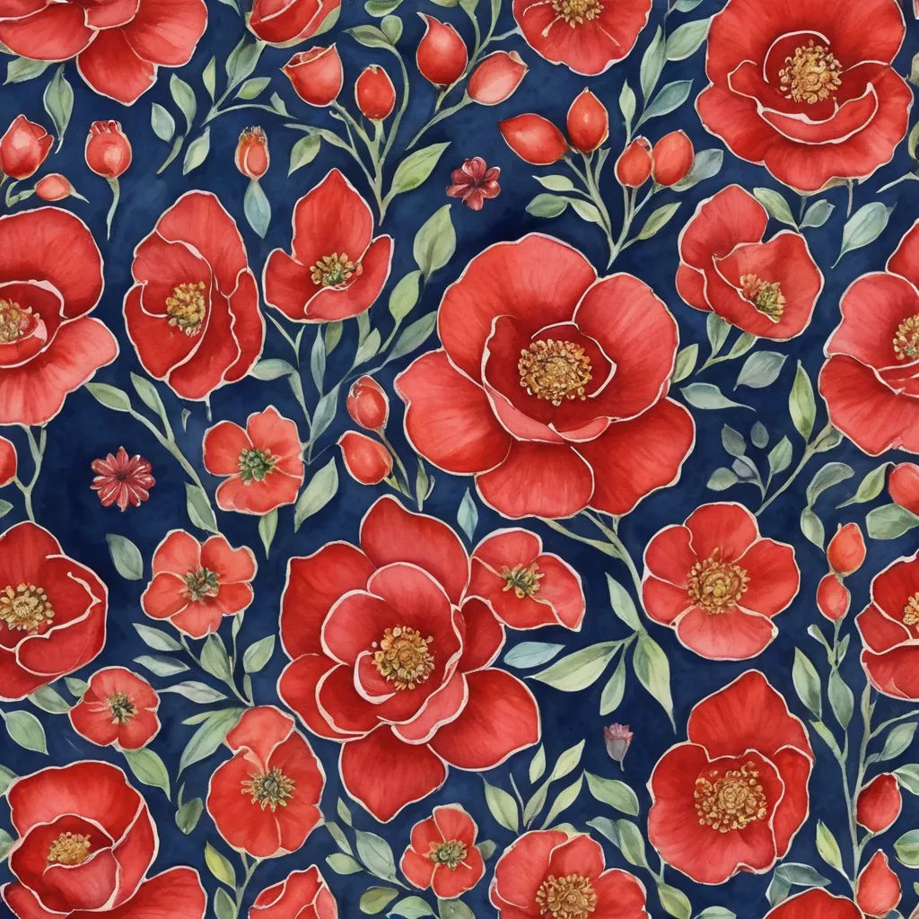 a red flower pattern on a blue background with leaves and flowers on it, with a gold center and a green stem, arts and crafts movement, a watercolor painting, Annabel Kidston, in gouache detailed paintings