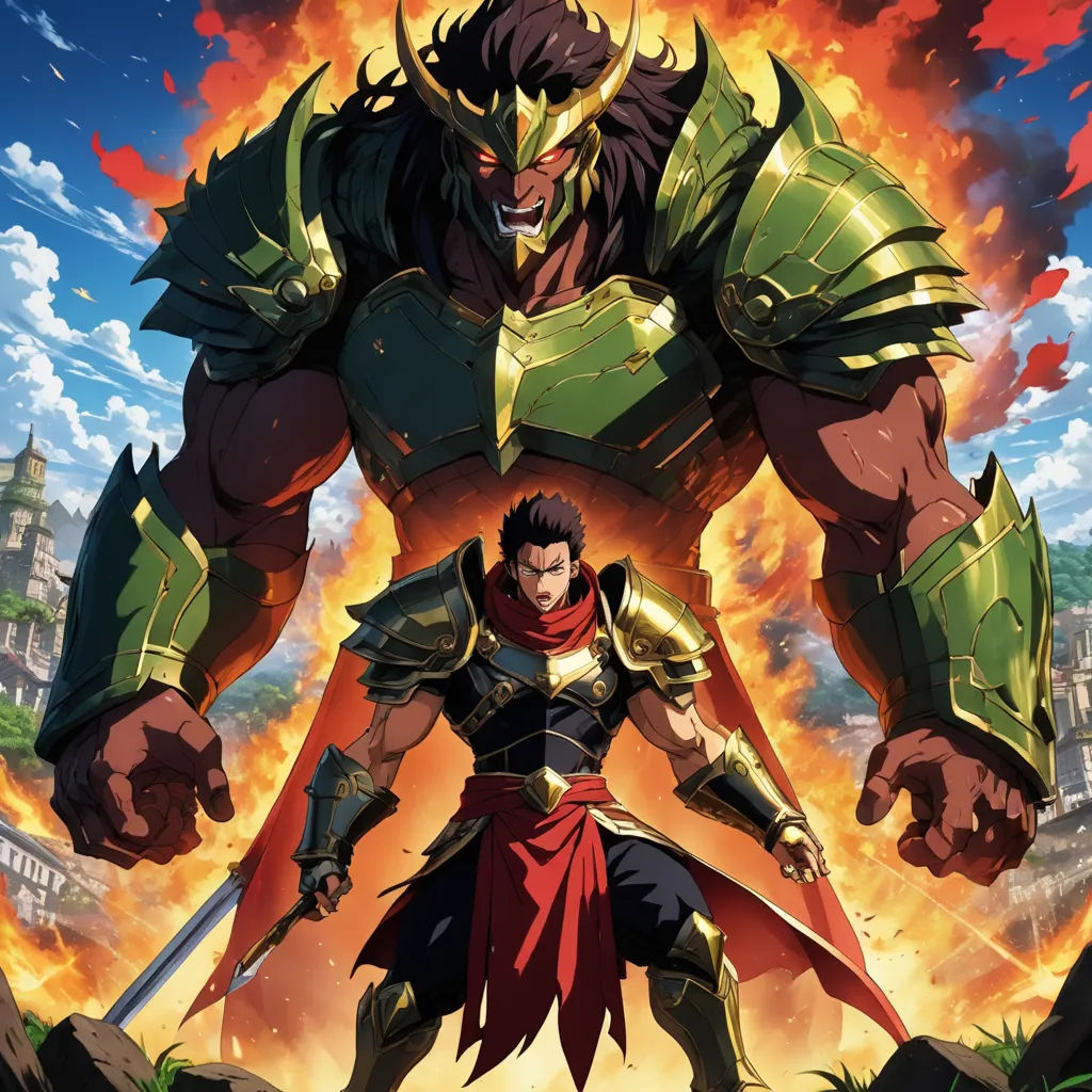 a man in armor standing in front of a giant demon with a sword in his hand and a huge demon in the background, sots art, a poster, Baiōken Eishun, anime key visual