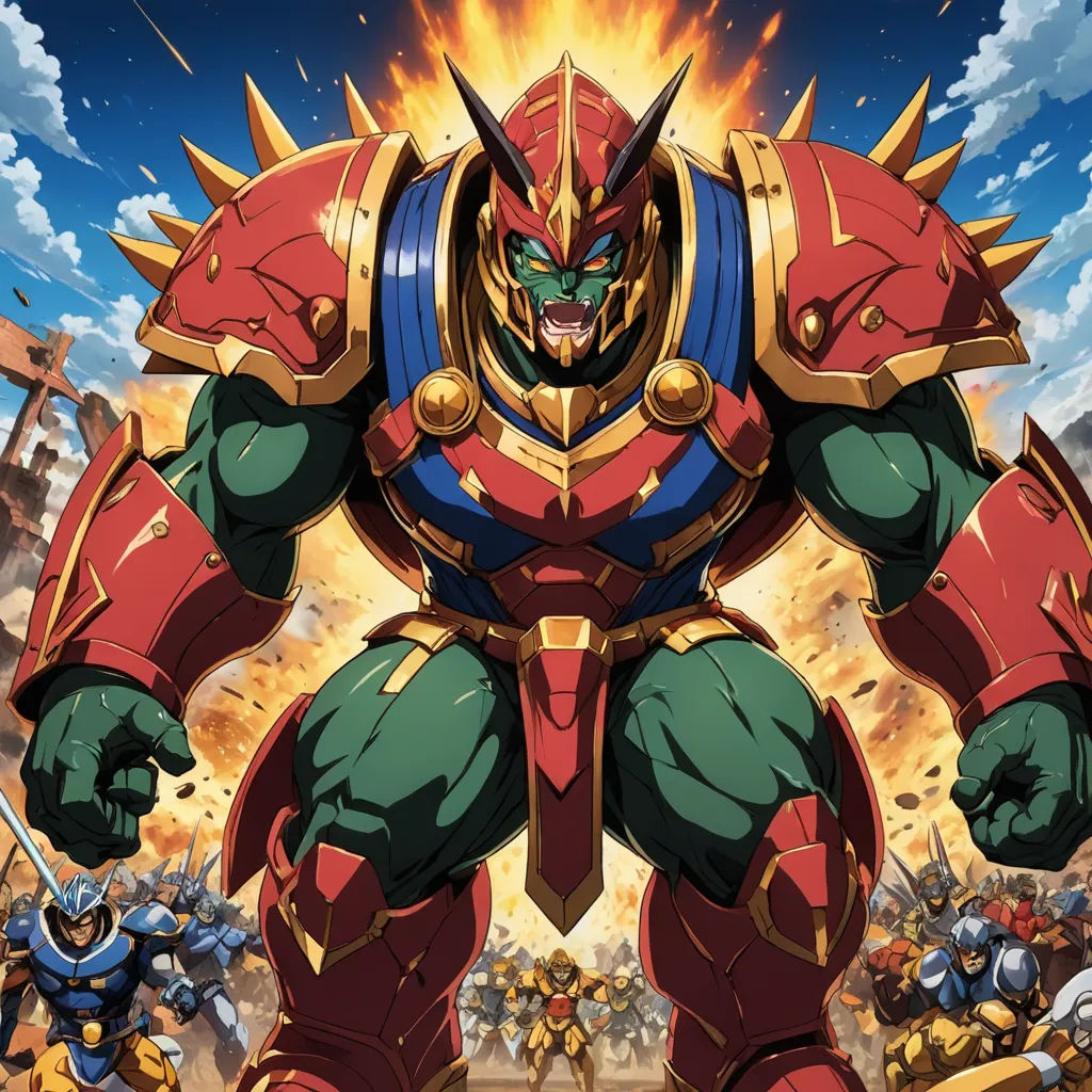 a cartoon character with a huge red and blue armor and a sword in his hand, surrounded by other characters, dau-al-set, poster art, Baiōken Eishun, official art