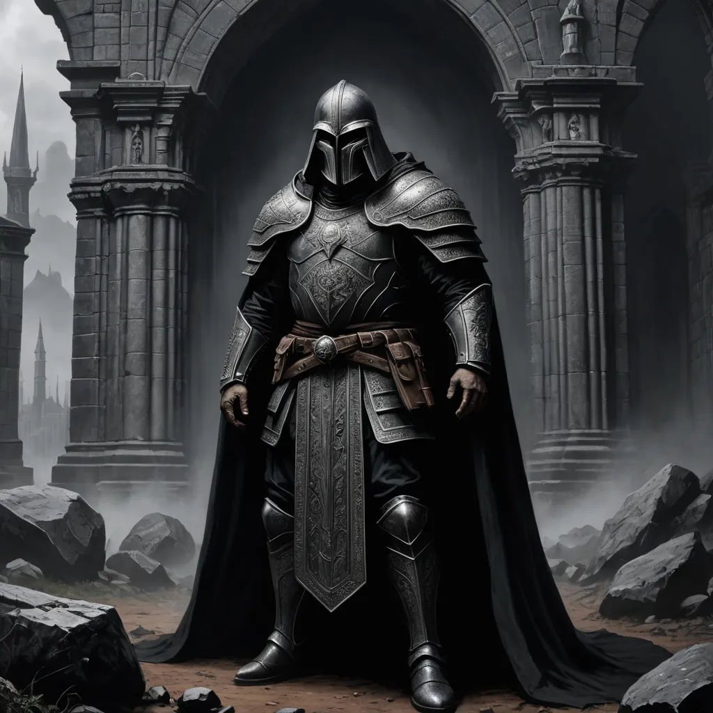 a man in a knight costume standing in front of a castle entrance with a sword in his hand and a helmet on, fantasy art, an ultrafine detailed painting, Clint Cearley, epic fantasy character art