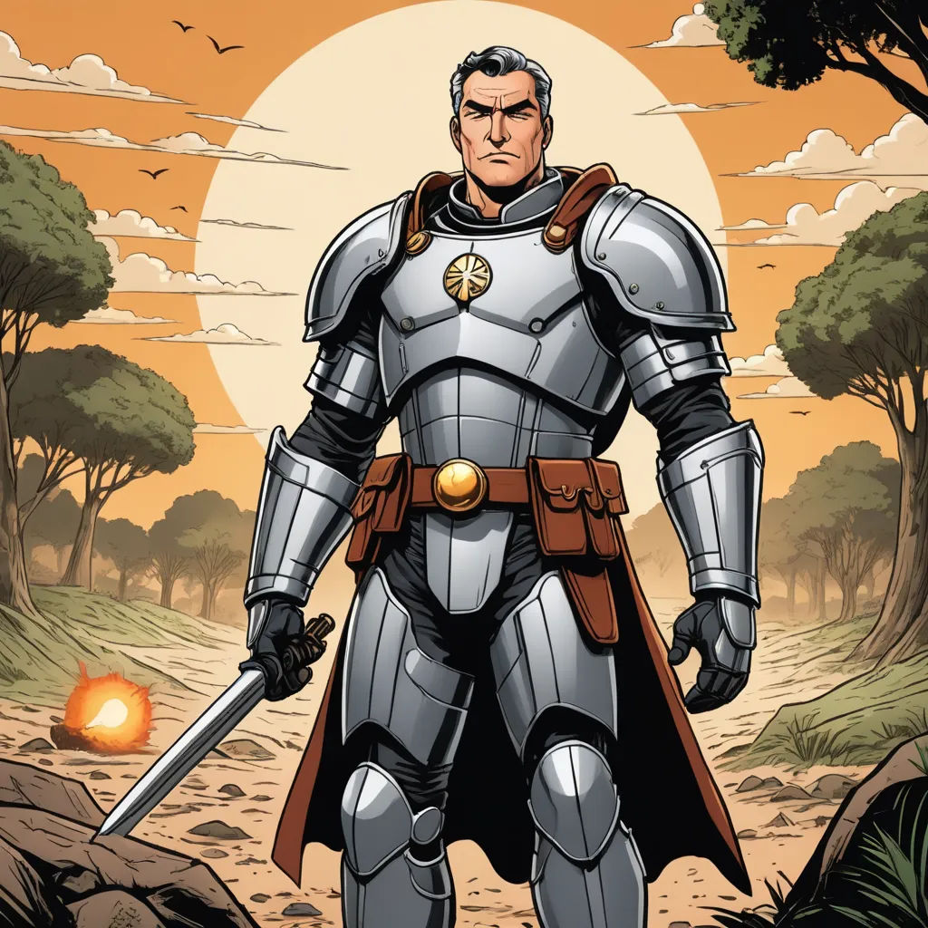 a man in a suit of armor holding a sword in a desert area with trees and a sun in the background, antipodeans, a character portrait, Benjamin Marra, character portrait