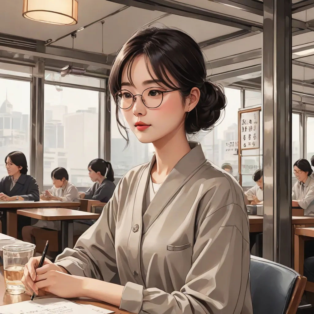 a woman sitting at a table with a pen and paper in her hand and a glass of water in front of her, academic art, a detailed painting, Artgerm, stanley artgerm lau