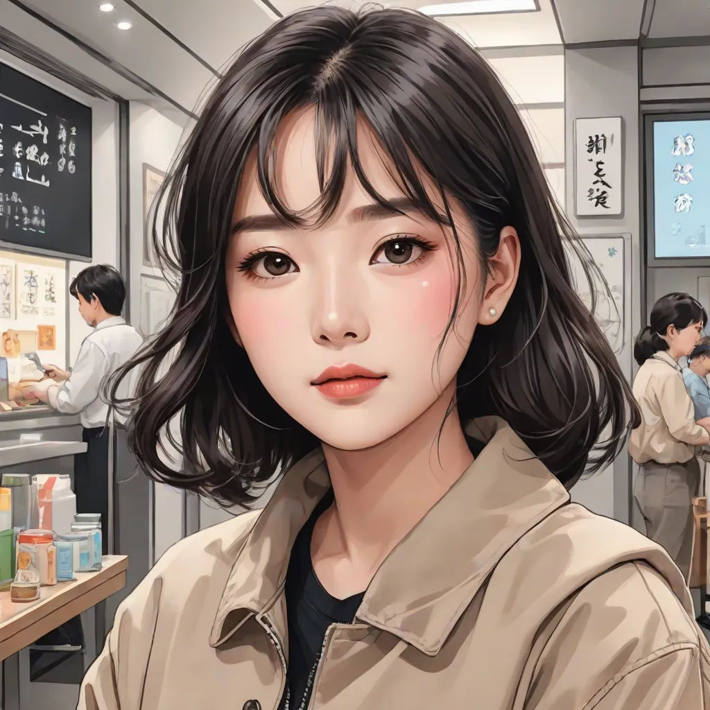 a woman with a brown jacket and a black shirt and some people and a store window and a sign, computer art, a detailed painting, Artgerm, anime art style
