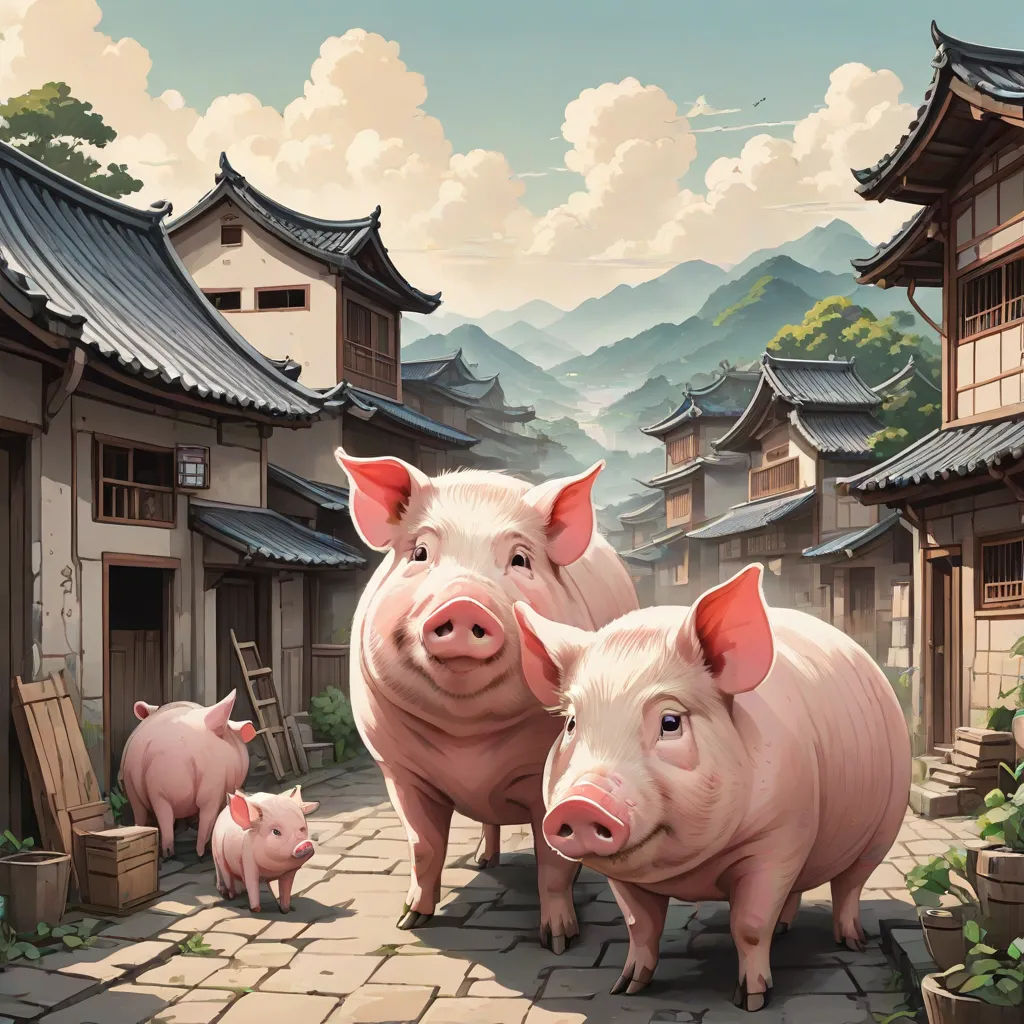three pigs standing in front of a village with mountains in the background and a sky with clouds in the background, fantasy art, a storybook illustration, Dan Mumford, official art