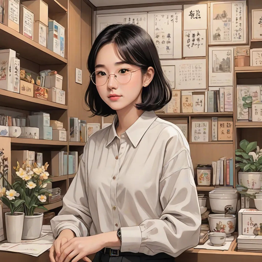 a woman in a white shirt and glasses standing in front of a shelf of books and flowers in a store, photorealism, a photorealistic painting, Artgerm, stanley artgerm lau