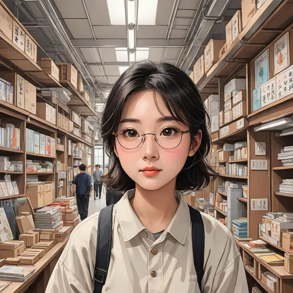 a woman with glasses standing in a library with bookshelves and a man in the background looking at the camera, computer art, a photorealistic painting, Artgerm, stanley artgerm lau