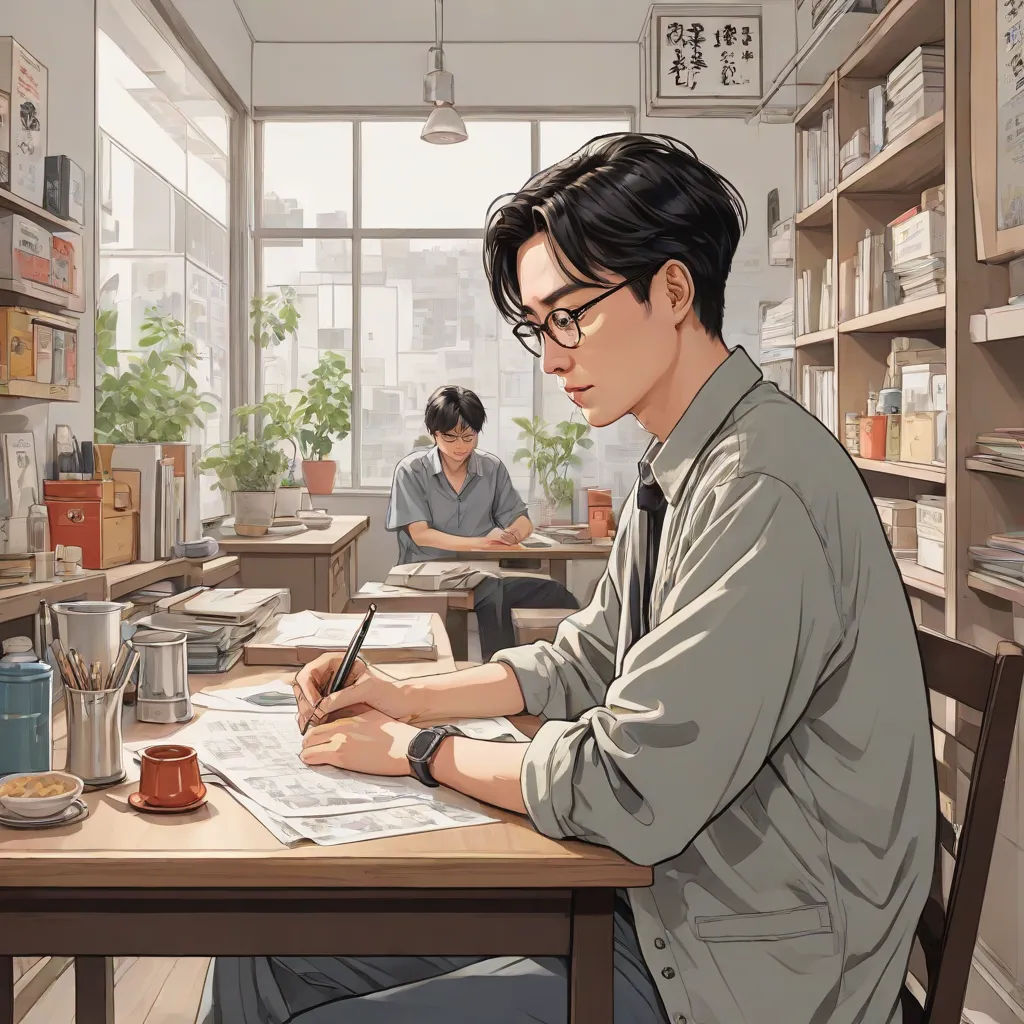 a man sitting at a table with a pen and paper in front of him and another man sitting at a desk in the background, academic art, a comic book panel, Artgerm, stanley artgerm lau