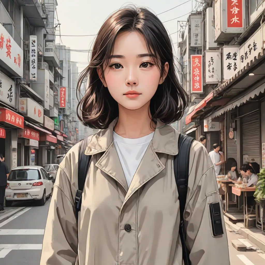 a woman standing on a street with a backpack on her shoulder and a man in the background walking down the street, aestheticism, a photorealistic painting, Chen Lin, anime girl