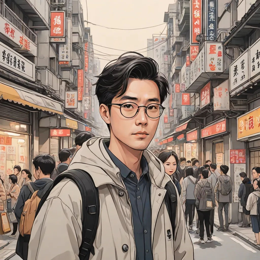 a man with glasses standing in front of a crowd of people on a street with buildings in the background, photorealism, a comic book panel, David Park, yukito kishiro