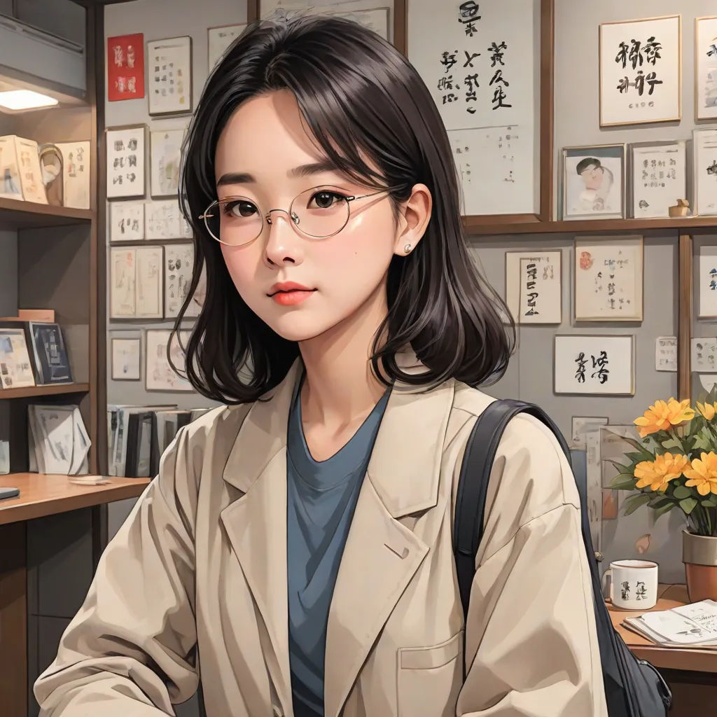 a woman sitting at a desk with a laptop computer in front of her and a vase of flowers in the background, academic art, a detailed painting, Artgerm, anime art style