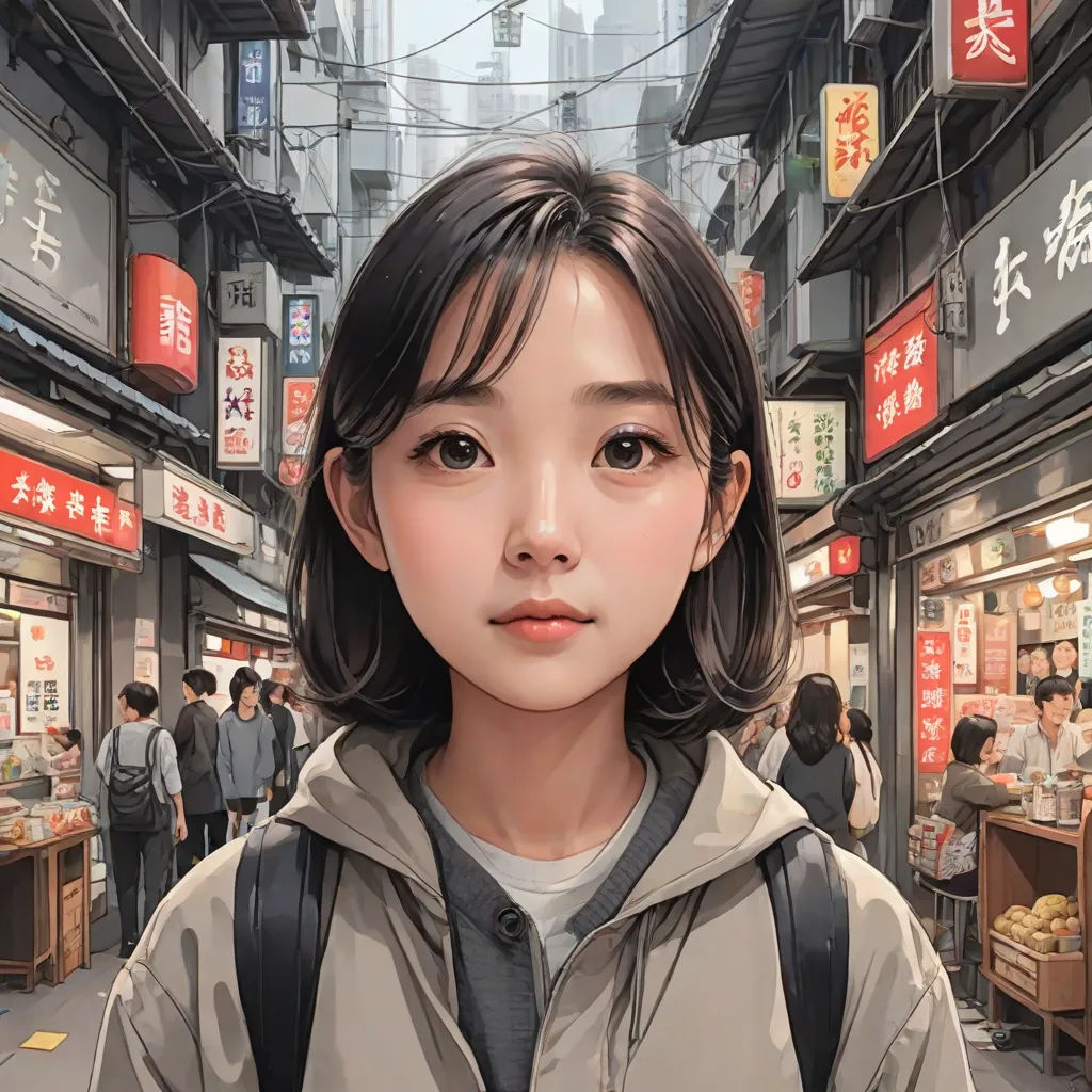 a woman standing in front of a store with a backpack on her shoulder and a man in the background, photorealism, a photorealistic painting, Artgerm, stanley artgerm lau