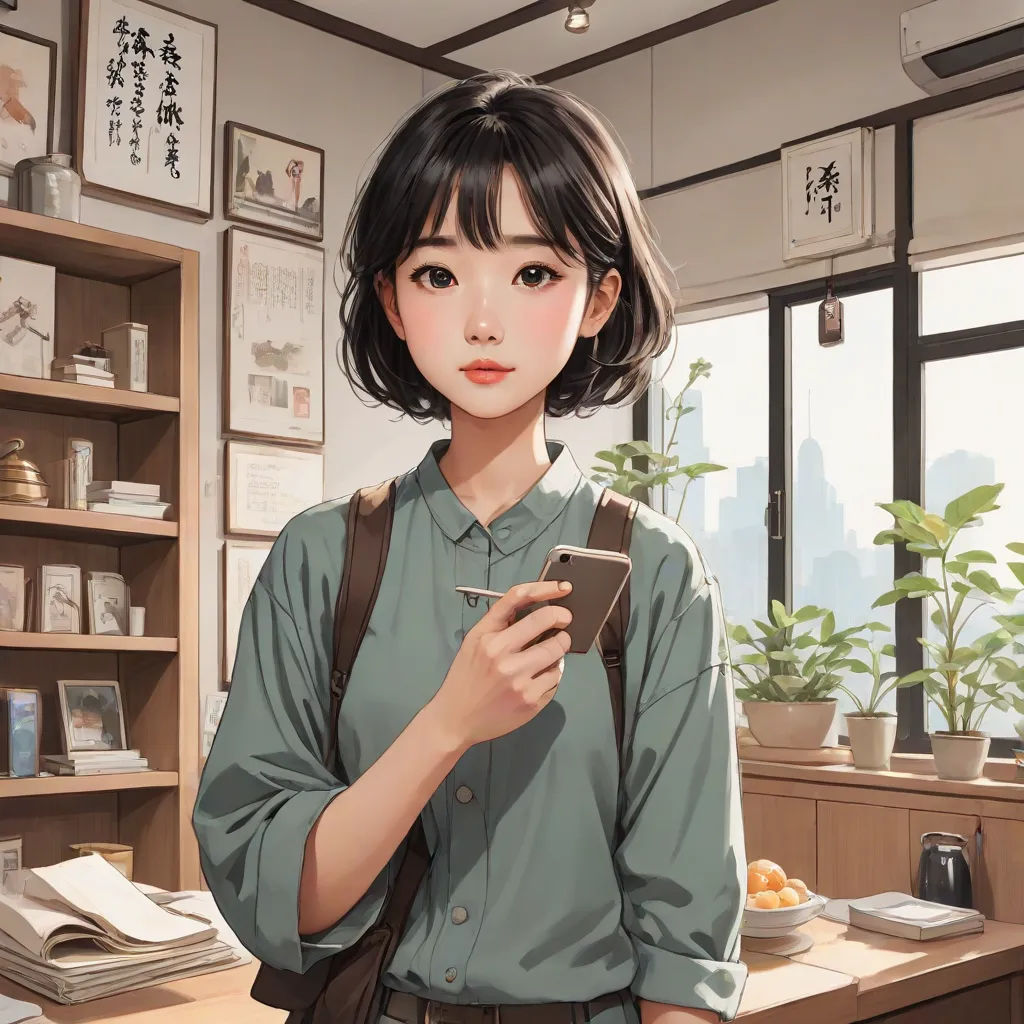 a woman standing in a room holding a cell phone and looking at her phone screen with a city in the background, fantasy art, a detailed painting, Artgerm, anime art
