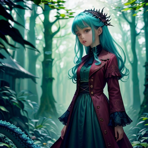 a woman in a green and red dress standing in a forest with a tree trunk in her hand and a green hair