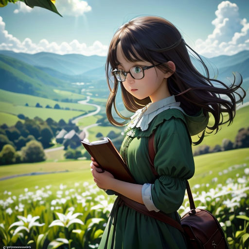 a girl in a green dress is reading a book in a field of flowers and grass with mountains in the background