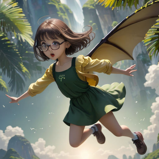 a girl flying through the air with a dragon wings on her back and a green dress on her knees