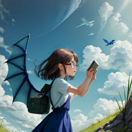 a girl in a blue dress holding a book and a dragon wings flying above her head and a blue sky with white clouds