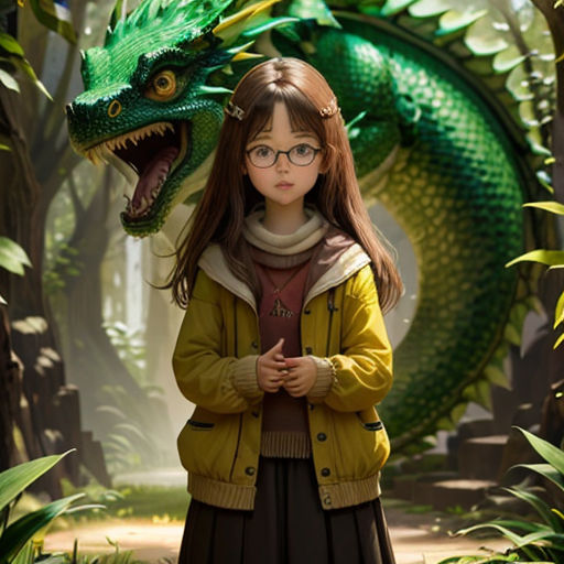 a girl standing in front of a green dragon statue in a forest with trees and bushes, with her hands folded