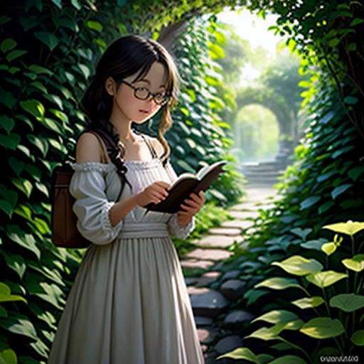 a girl in a dress is reading a book in a garden with green plants and a path leading to a tunnel