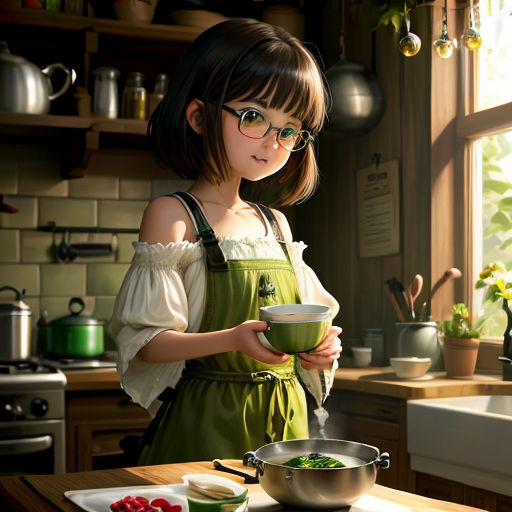 a girl in a green dress holding a bowl of food in a kitchen with a window behind her and a pot of vegetables on the counter