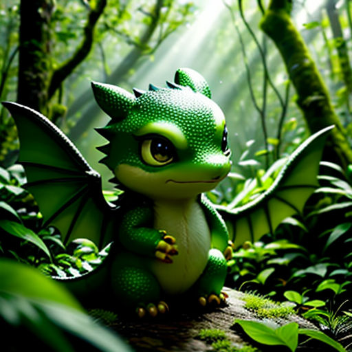 a green dragon sitting on a log in the woods with green leaves and plants around it, with sunlight streaming through the trees