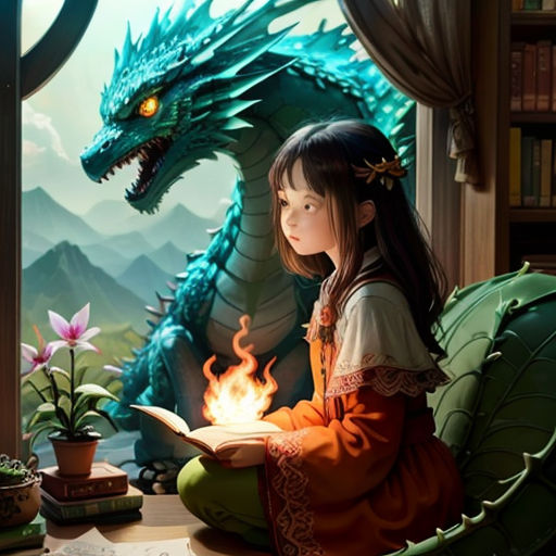 a girl sitting on a chair reading a book next to a dragon statue and a potted plant with a flower
