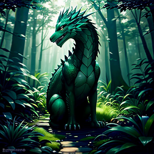 a green dragon sitting in the middle of a forest with trees and grass on the ground, with a path leading to it