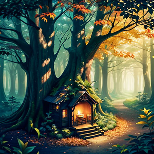 a painting of a small house in the woods with a light on it's door and a pathway leading to it