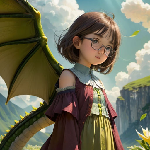 a little girl with glasses standing in front of a dragon and flowers in a field with a sky background