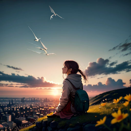 a woman sitting on a hill looking at the sky with birds flying overhead in the background and a city skyline
