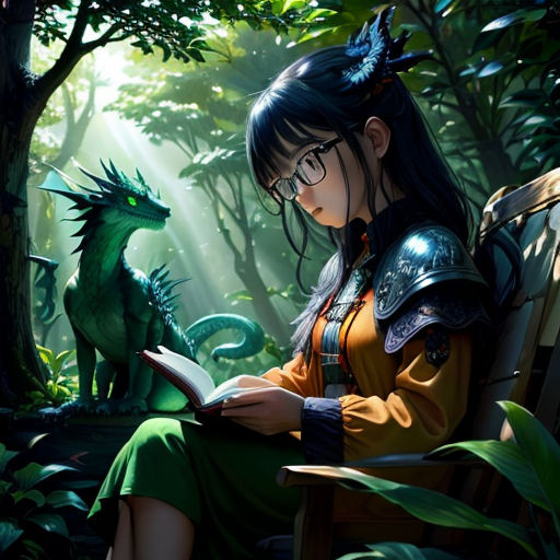 a woman sitting in a chair reading a book in a forest with a dragon on her arm and a green dragon on her shoulder