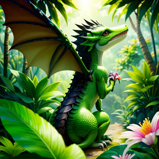 a green dragon sitting on a rock in a jungle with flowers and plants around it, with a bright light coming through the leaves