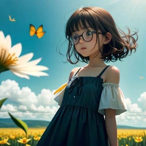 a little girl with glasses standing in a field of flowers and butterflies in the sky above her head is a butterfly