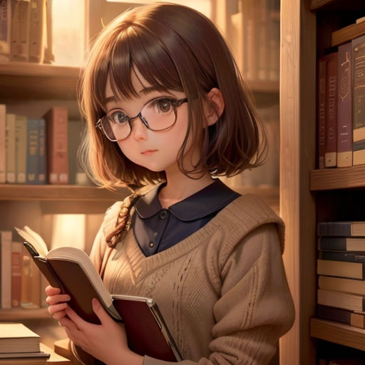 a little girl reading a book in a library with bookshelves behind her and a bookcase full of books
