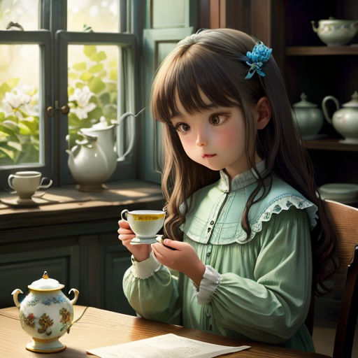 a painting of a little girl holding a cup of tea in front of a window with a teapot