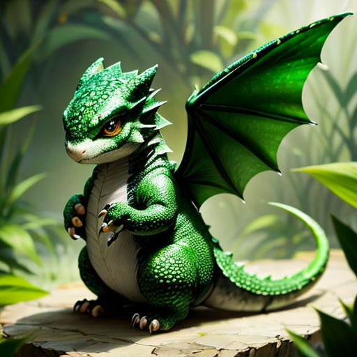 a green dragon sitting on a rock in a forest with leaves and plants around it, with a green background