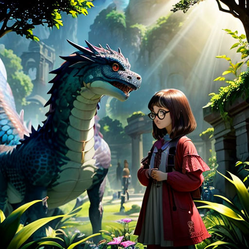 a girl standing next to a dragon in a forest with other people in the background and a dragon in the foreground